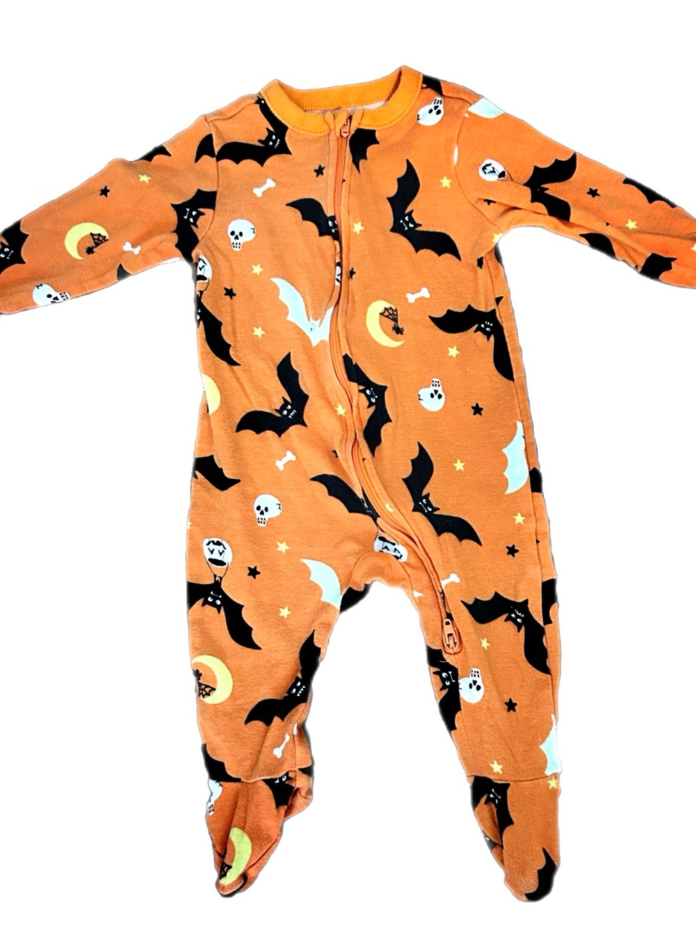 Old Navy Orange Halloween Bat & Moon Footed One-Piece Dual Zipper Zip Footie